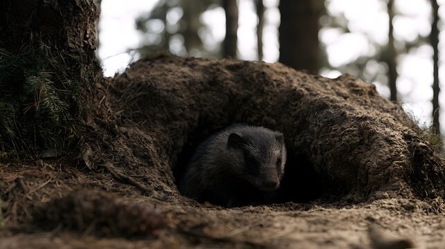 A small dark furred animal peeks out from a dirt burrow nestled beside a tree trunk in a forest setting