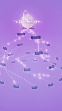 Hierarchical data tree routes glowing signals from a central globe to server tiers in a vertical 3D render on purple, evoking organized intelligence and balance