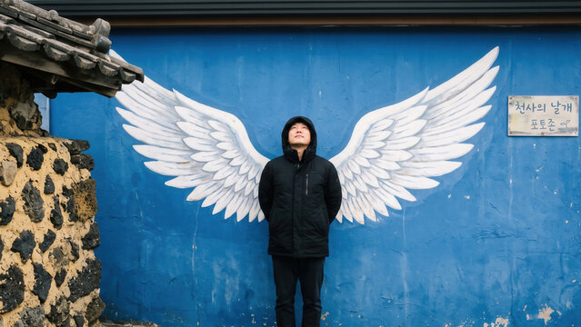 Person Posing in Front of White Angel Wings Mural on a Blue Wall in Korea