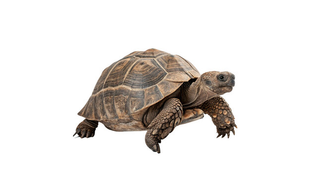Small slow land turtle or tortoise walking with its hard protective shell isolated on transparent background.