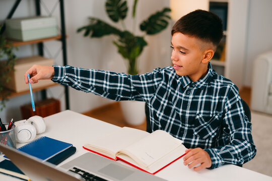 Young boy learning online and doing homework at home