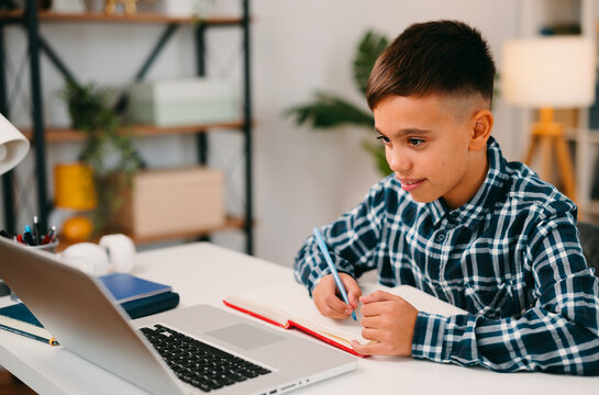 Boy learning online at home with laptop and notebook