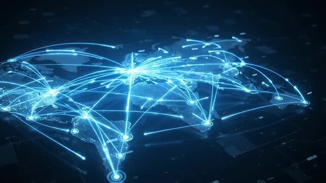 Digital world map with glowing network lines connecting major cities