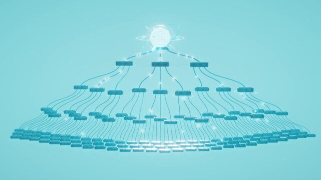 Binary data tree expands from an orbital root node into massive multi-level server clusters in a cyan 3D animation, symbolizing boundless computing power