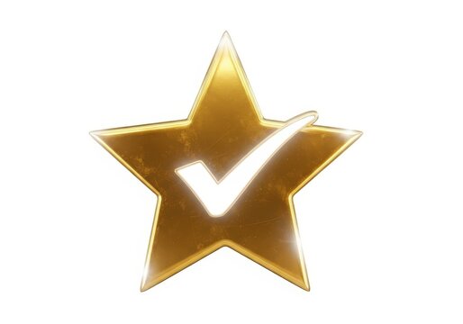 3d golden star badge with glowing checkmark symbol on white background