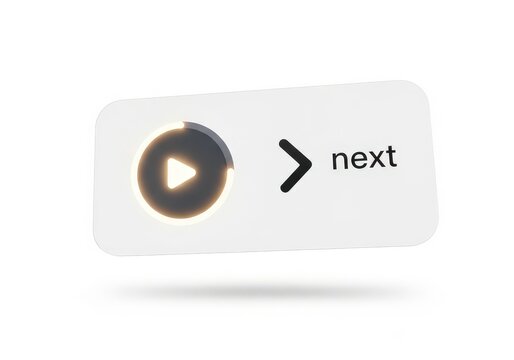 3d next button with play icon and arrow on white background ui element