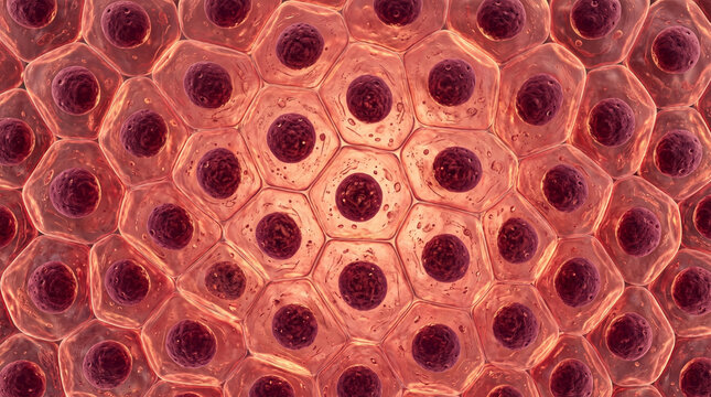 Microscopic view of human skin cells showing red nuclei and membranes
