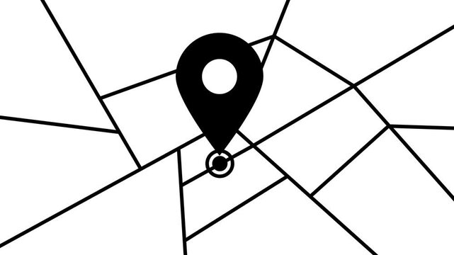 Animated black location pointer icon on the map. Location pin, GPS tracker, destination. GPS map of the city with place marker. Vector flat illustration isolated on a white background. Looped video.