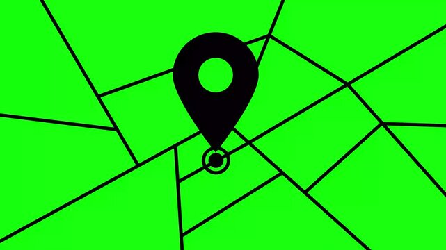 Animated black location pointer icon on the map. Location pin, GPS tracker, destination. GPS map of the city with place marker. Vector flat illustration isolated on a green background. Looped video.
