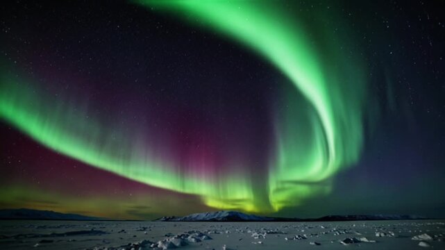 The natural phenomenon of the aurora borealis (northern lights), with sweeps of bright green light and hints of purple, curving beautifully across a star-studded night sky.