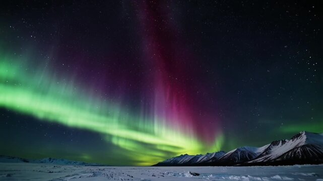 A stunning and magical nighttime view of the natural phenomenon known as the Aurora Borealis (northern lights). 