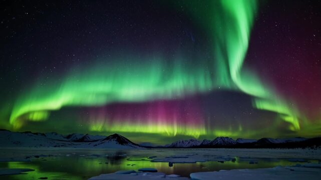 In the star-studded night sky, the natural phenomenon known as the northern lights (aurora borealis) appears, casting a brilliant green glow with hints of pink that dance gracefully.