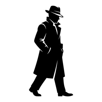 Silhouette of a man in a trench coat and fedora hat walking