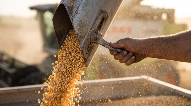 Farmer's hand pours golden corn kernels from harvester chute harvest