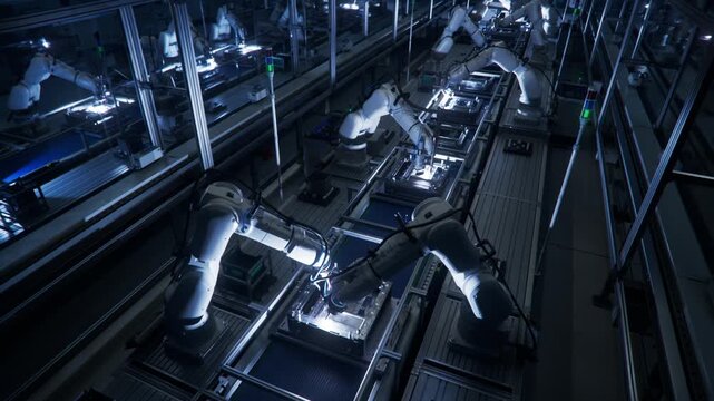 3D Animation: Lights out Assembly Line with Autonomous Industrial Robot Arms. Automated Production Line with Robotic Arms on Dark Factory. Production, Welding and Manufacturing Automation.