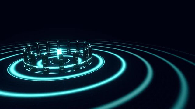 Luminous cyan rings expand outward across a dark floor in a wide-angle 3D animation of a server topology, symbolizing limitless data propagation and network connectivity