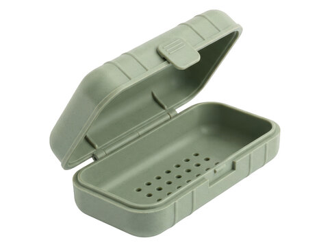 Open green soap box container with perforated drainage tray inside dish accessory household bathroom cleanliness portable equipment as transparent PNG