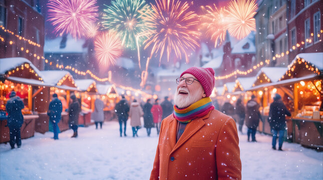 Joyful senior man watching colorful fireworks at snowy Christmas market. Festive winter celebration in European-style town square.