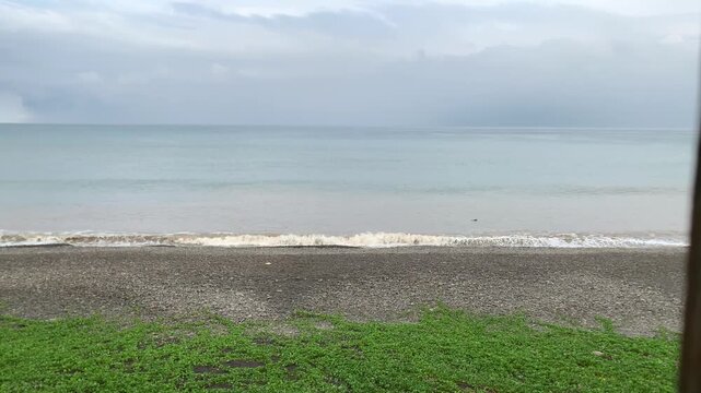 Calm grey sea and grassy shore under overcast sky