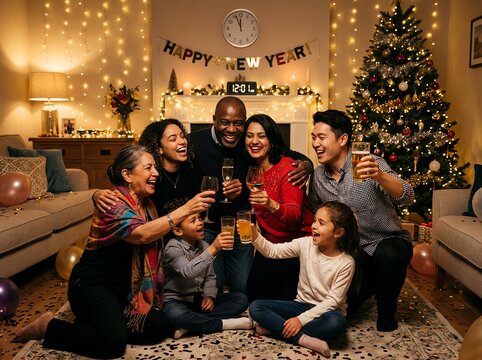 Multi-generational family celebrating New Year's Eve together with drinks