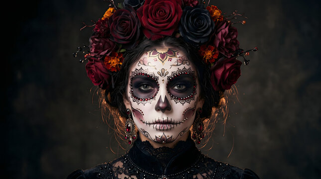 Expressive woman in vibrant Dia de los Muertos sugar skull calavera face paint crowned with red and orange marigold roses and black lace collar celebrating Mexican Day of the Dead holiday