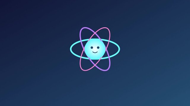 Cute glowing atom model spinning with friendly smiling face against dark blue background