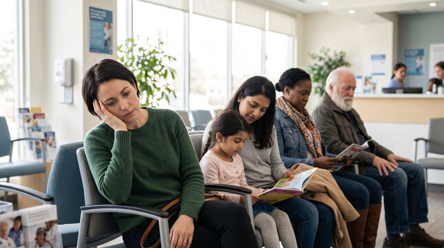 Tired Woman and Patients Sitting in Clinic Waiting Room