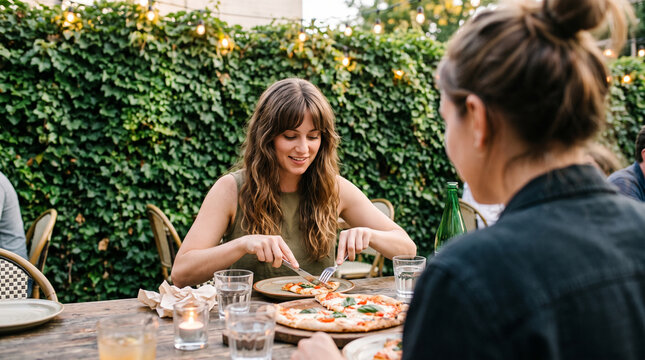 Woman Eating Pizza with Friend at Outdoor Restaurant