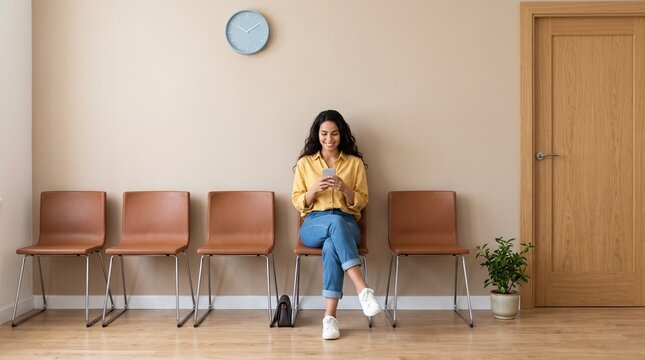 Smiling Woman Using Smartphone While Sitting in Waiting Room