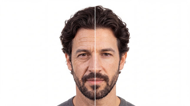 Skin rejuvenation comparison on a bearded man face split by a vertical line showing deep wrinkles beside smooth skin on a white backdrop for dermatology clinics and men skincare marketing