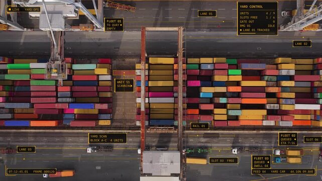Aerial top down view of La Spezia, Italy: container stacks, gantry crane and trucks in a port yard with amber operations HUD overlay, unit IDs, lane labels. Concept of smart port, yard management