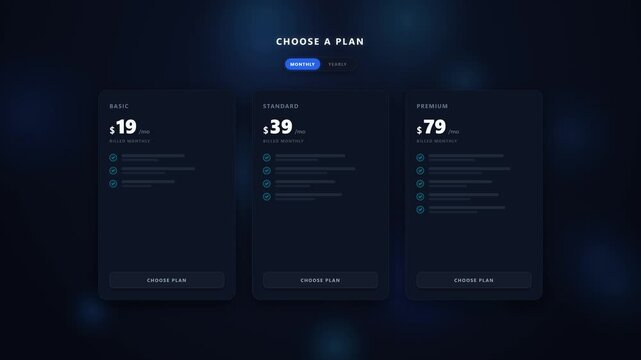 Smooth dark mode SaaS pricing tier cards (Basic, Standard, Premium) with monthly to yearly billing toggle, discount badge, staggered feature list animation, and recommended
