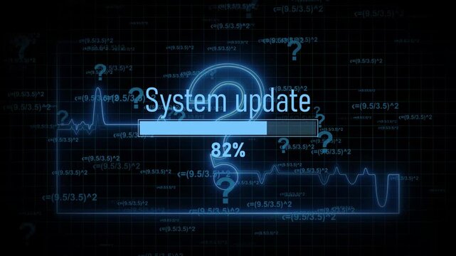 Glowing blue futuristic interface displaying system update progress bar animation with digital question marks and mathematical formulas