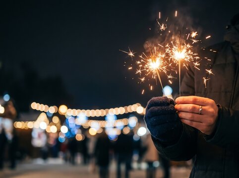 Person Holding Two Sparklers at Night with Festive Lights in Background