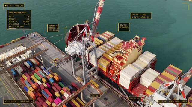 Aerial hover view of La Spezia, Italy: ship to shore crane over a loaded container ship with amber operations HUD overlay, vessel and bay IDs, status panel. Concept of container handling, smart port