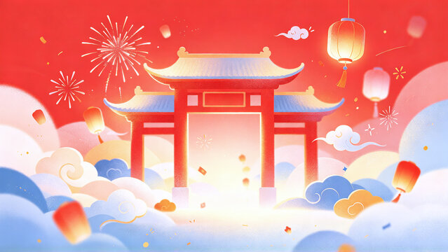 Chinese style archway lanterns and fireworks festival celebration illustration
