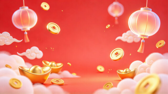 3d rendering red background gold ingots copper coins lanterns