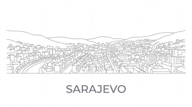 Sarajevo panoramic skyline line art drawing on white background