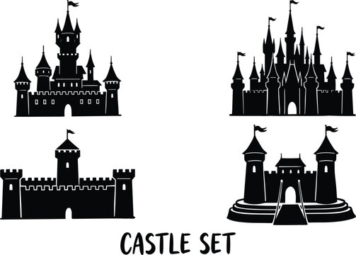 Medieval fantasy fairytale royal fortress castle dark shape vector icon set for logo and gaming designs