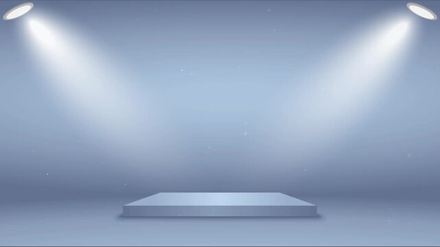 Animated stage spotlight beams illuminating empty podium in cool blue gradient background