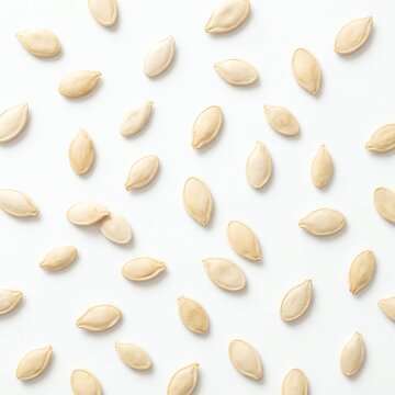 Scattered Pumpkin Seeds on White Background