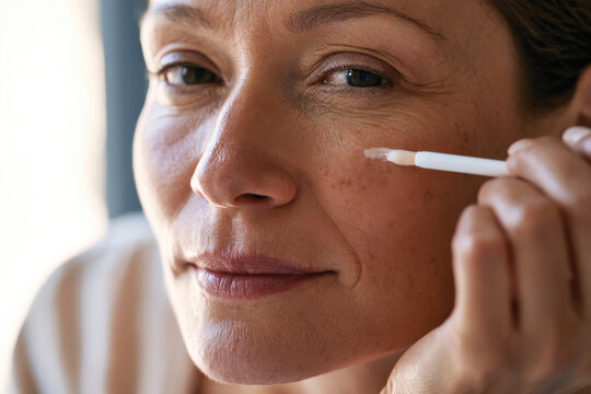 A close-up of a mature woman applying skincare product to her cheek, emphasizing her realism, dedication to self-care, and the beauty routine in a calming environment.
