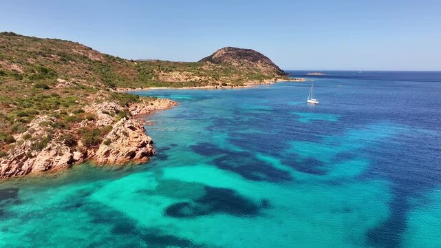 Aerial view of the turquoise lagoon near Doctor's Beach. Sardinia