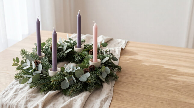 minimalist advent wreath with violet and rose candles on light oak table nordic winter home decor elegant holiday