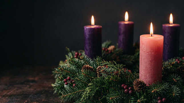 premium advent wreath close up with four lit candles three violet and one rose pink dark cinematic christian holiday