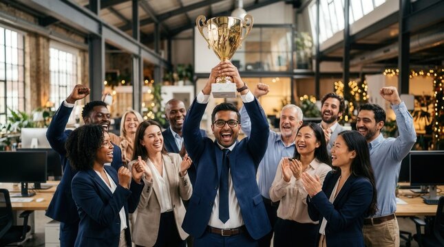 Diverse business team celebrating a major achievement with a gold winning trophy.