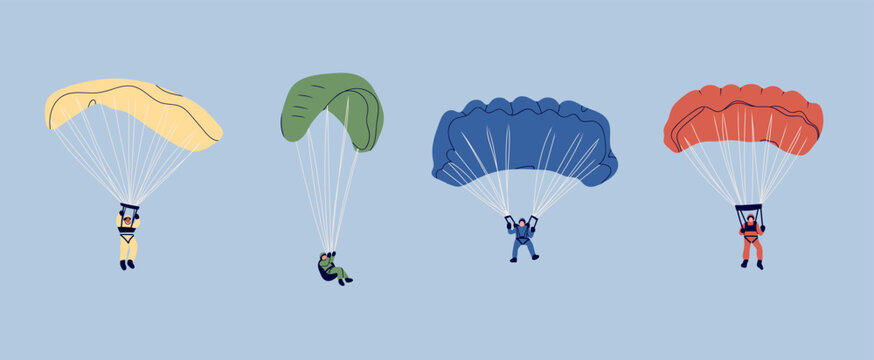 Skydivers flying with parachutes. Set of tiny cute characters. Hand drawn Vector illustration. Isolated design elements. Paragliding, skydiving, parachute jump, extreme sport, activities concept