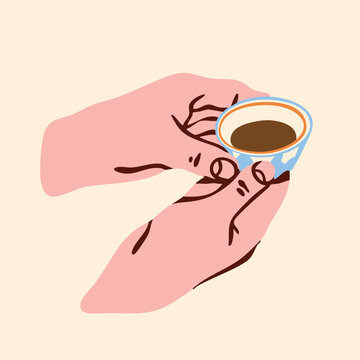 Human hands holding small cup with tea. Hand drawn trendy Vector illustration. Ceremony, relaxation, mindfulness, wellness, tranquility concept. Isolated design element. Sticker, icon template 