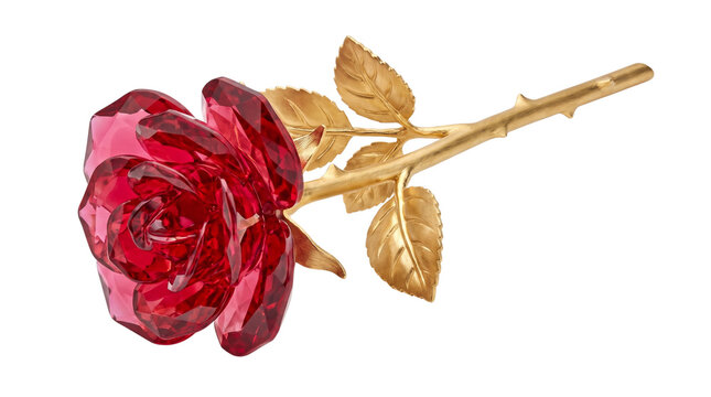 Crystal red ruby rose with gold stem isolated on transparent background png
