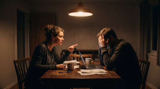 tense late night couple argument at kitchen table emotional documentary style cinematic shot of stressed relationship conflict realistic dramatic home scene
